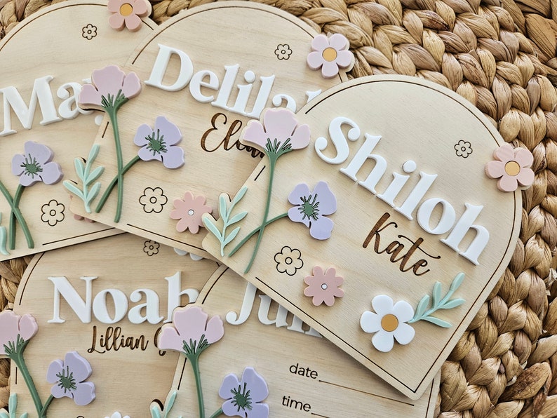 Wildflower Baby Name Sign | Newborn Birth Announcement Name Plaque | Arch Baby Arrival Hospital Sign | Newborn Footprint Plaque