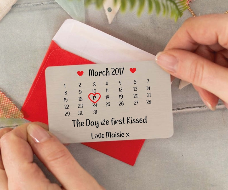 Personalised Our First Kiss Brushed Metal Wallet Card - Custom Romantic Keepsake