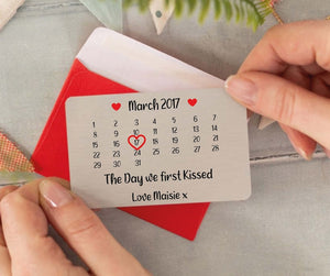 Personalised Our First Kiss Brushed Metal Wallet Card - Custom Romantic Keepsake