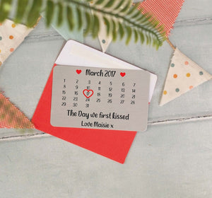 Personalised Our First Kiss Brushed Metal Wallet Card - Custom Romantic Keepsake
