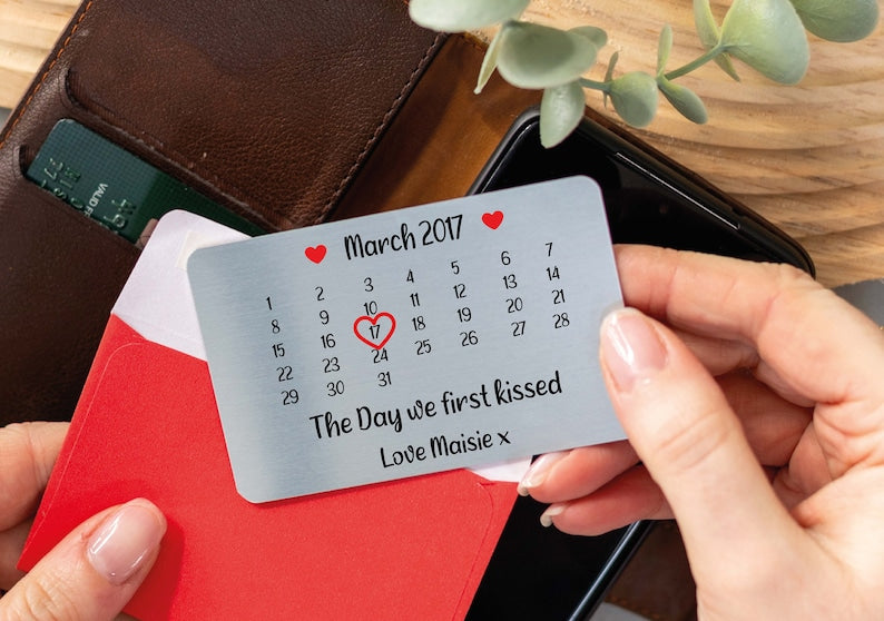 Personalised Our First Kiss Brushed Metal Wallet Card - Custom Romantic Keepsake