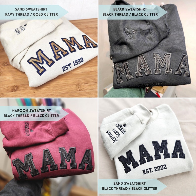 Custom Embroidered Mama Sweatshirt with Kids Names on Sleeve New Mom Hoodie Personalized Gift for Mom Crewneck Pullover