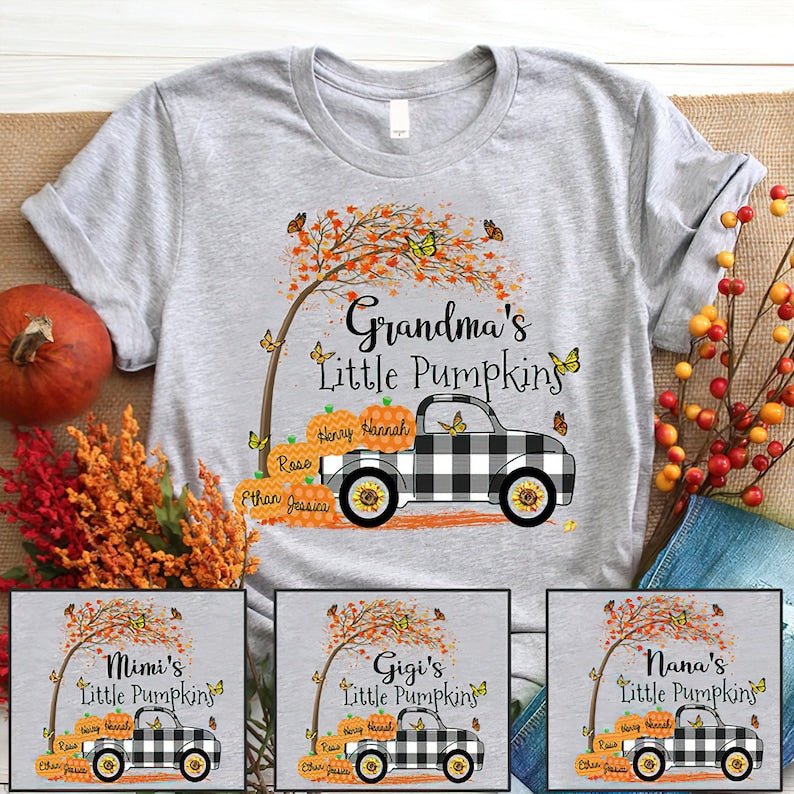 Personalized Grandma's Little With Grandkids Pumpkins Autumn, Grandma Mimi Nana Gigi Fall Shirt, Truck Pumpkin Grandma's Little Pumpkin