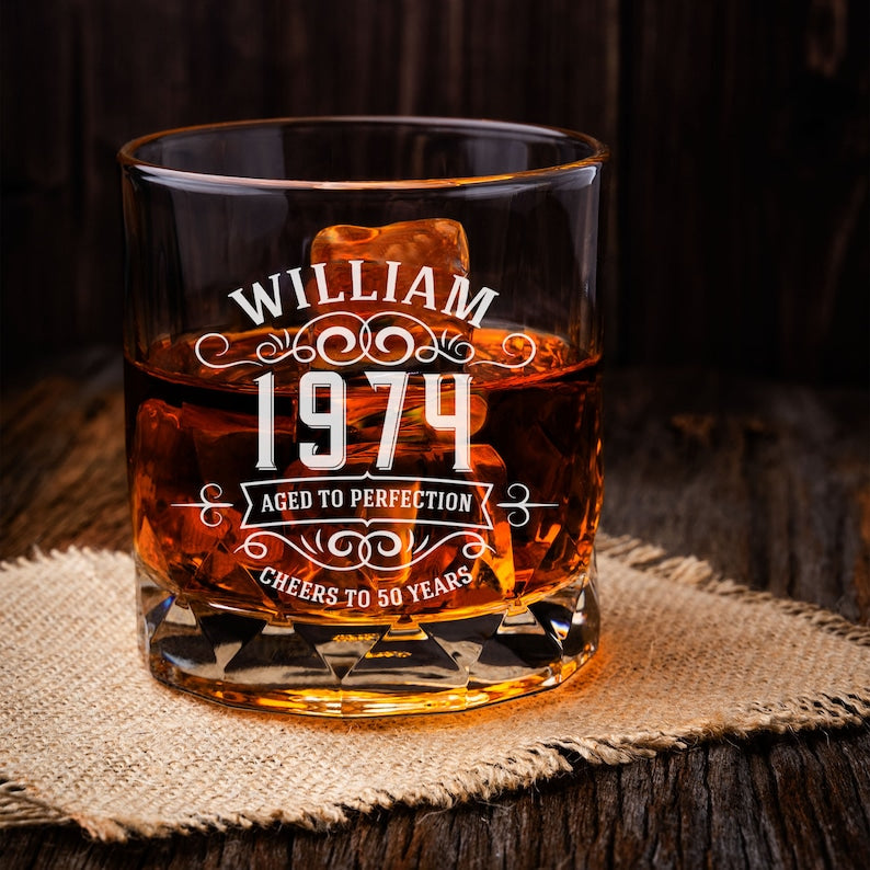 Personalized Birthday Gift for Men, 30th 40th 50th 60th Birthday Gift for Him, Custom Year Whiskey Glass, Any Name Rock Glass