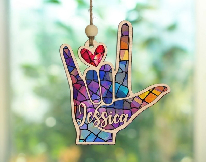 Personalized Sign Language Ornament,ASL Suncatcher, Hand Sign Language Ornament,ASL I Love You Suncatcher Ornament,ASL Personalized Ornament
