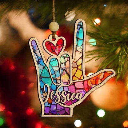 Personalized Sign Language Ornament,ASL Suncatcher, Hand Sign Language Ornament,ASL I Love You Suncatcher Ornament,ASL Personalized Ornament