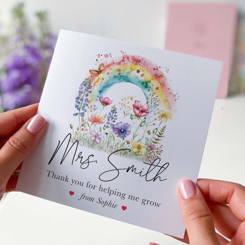 Teacher thank you card with rainbow and flowers Helping me grow End of year school Preschool Nursery Primary Teacher Appreciation gift card