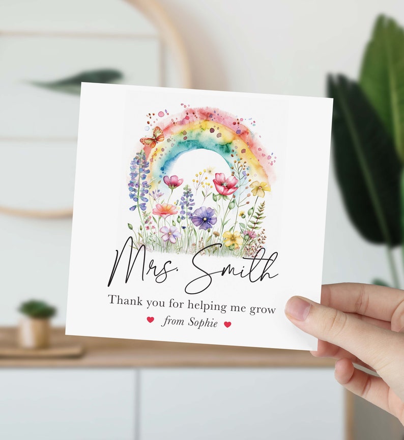 Teacher thank you card with rainbow and flowers Helping me grow End of year school Preschool Nursery Primary Teacher Appreciation gift card