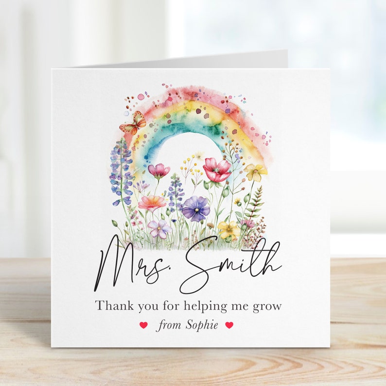 Teacher thank you card with rainbow and flowers Helping me grow End of year school Preschool Nursery Primary Teacher Appreciation gift card
