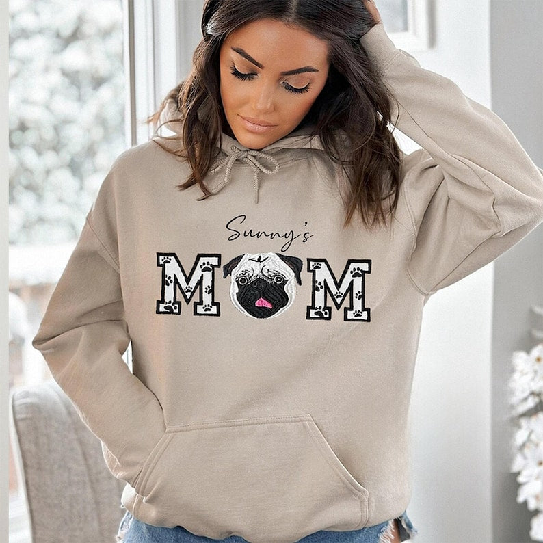 Dog Dad Dog Mom Custom Pet Portrait Embroidered Hoodie Dog Dad with Pet Name, Varsity Dog, Portrait from Photo, Custom Dog Name