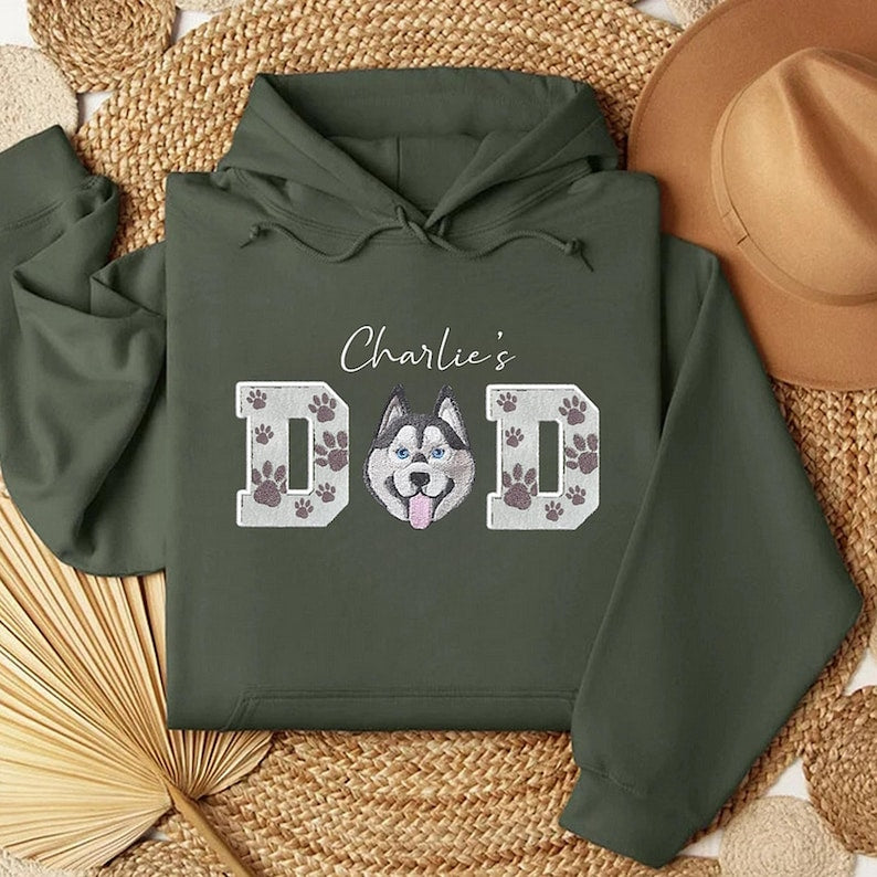 Dog Dad Dog Mom Custom Pet Portrait Embroidered Hoodie Dog Dad with Pet Name, Varsity Dog, Portrait from Photo, Custom Dog Name