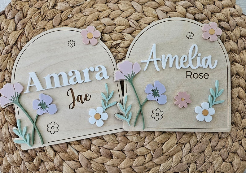 Wildflower Baby Name Sign | Newborn Birth Announcement Name Plaque | Arch Baby Arrival Hospital Sign | Newborn Footprint Plaque