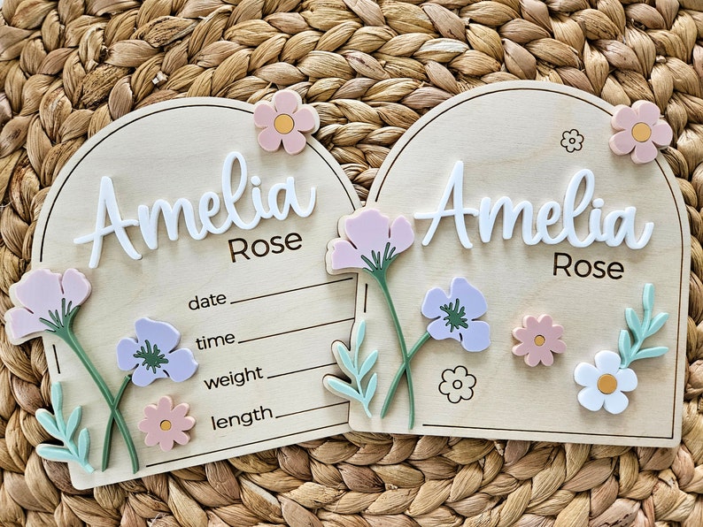 Wildflower Baby Name Sign | Newborn Birth Announcement Name Plaque | Arch Baby Arrival Hospital Sign | Newborn Footprint Plaque