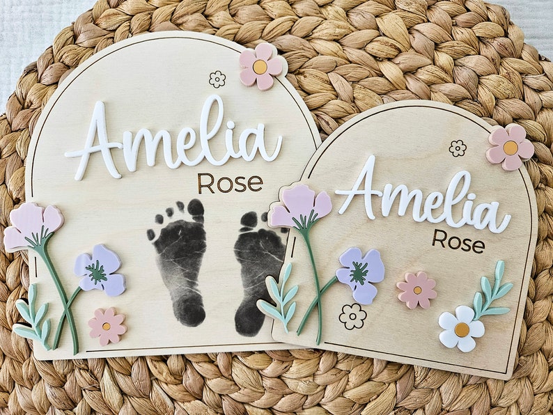 Wildflower Baby Name Sign | Newborn Birth Announcement Name Plaque | Arch Baby Arrival Hospital Sign | Newborn Footprint Plaque