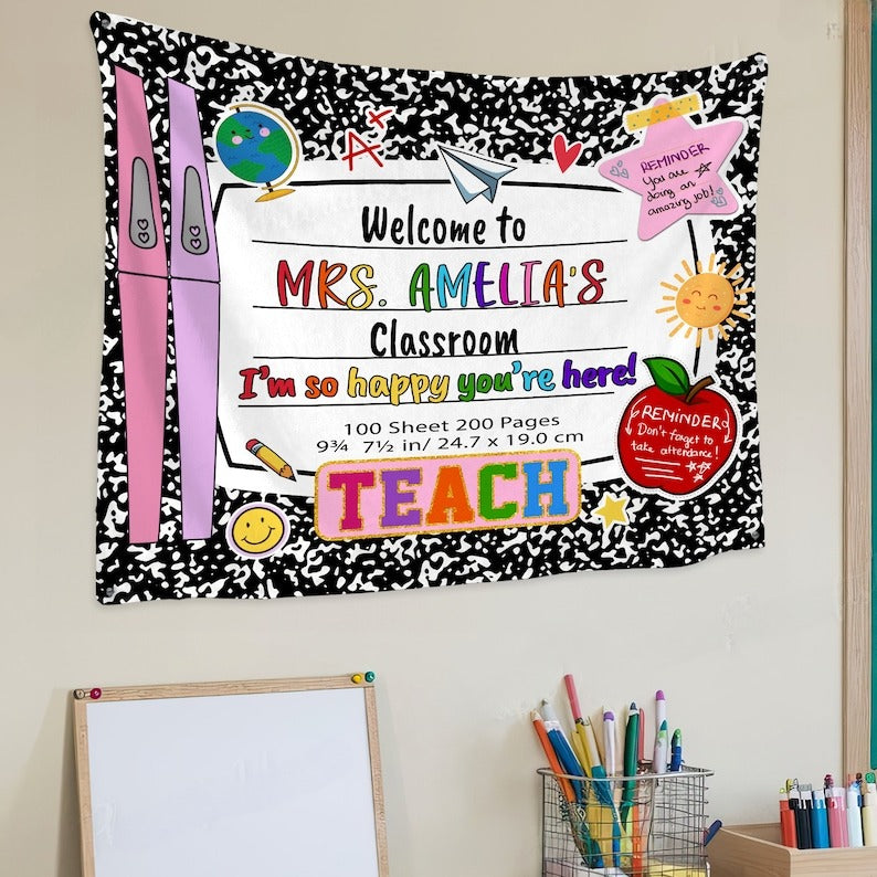 Classroom Decor, Custom Composition Notebook Welcome Teachers Name Classroom Banner, Custom Classroom Tapestry, Welcome To My Classroom
