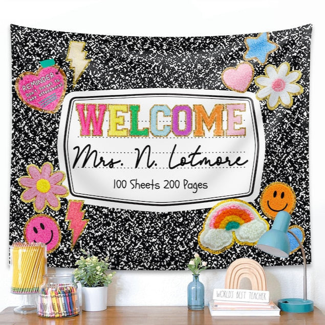 Personalized Teacher Classroom Tapestry, Teacher Gift, Classroom Decor, Custom Teacher Name Tapestry, Composition Book Classroom Banner