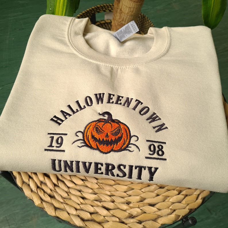 Halloween Town Embroidered Sweatshirt, Vintage Halloween Sweatshirt, Embroidered Halloween Crewneck, Halloween Pumpkin Sweatshirt