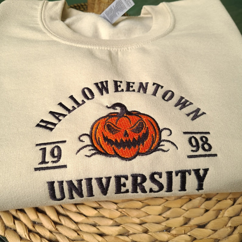 Halloween Town Embroidered Sweatshirt, Vintage Halloween Sweatshirt, Embroidered Halloween Crewneck, Halloween Pumpkin Sweatshirt