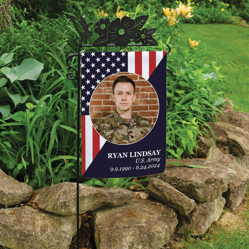 Veteran Memorial Garden Flag | US Army Veteran Yard Flag | Veteran Remembrance Flag with Photo | American Memorial Flag | Military Memorial