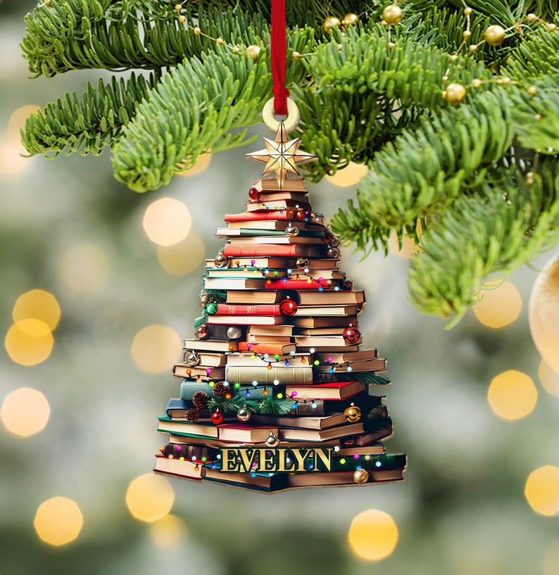 Personalized Christmas Book Tree Name Ornament, Custom Bookish Ornament, Book Lover Gift, Bookworm Gifts, Book Club Ornament, Librarian Gift il_794xN.6117119045_k8ft.jpg