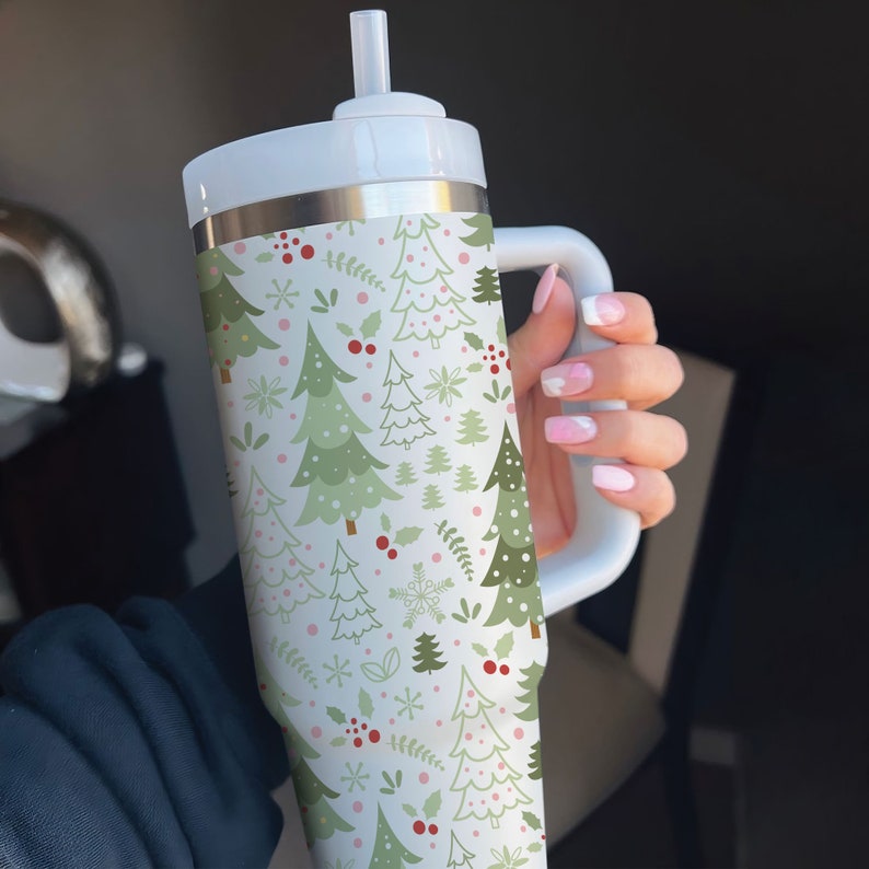 Christmas Tumbler 30oz/40oz, Christmas Tree Cup Retro Cup, Merry Christmas Tumbler with Lid and Straw, Christmas Tree Doodles Holiday Tumber