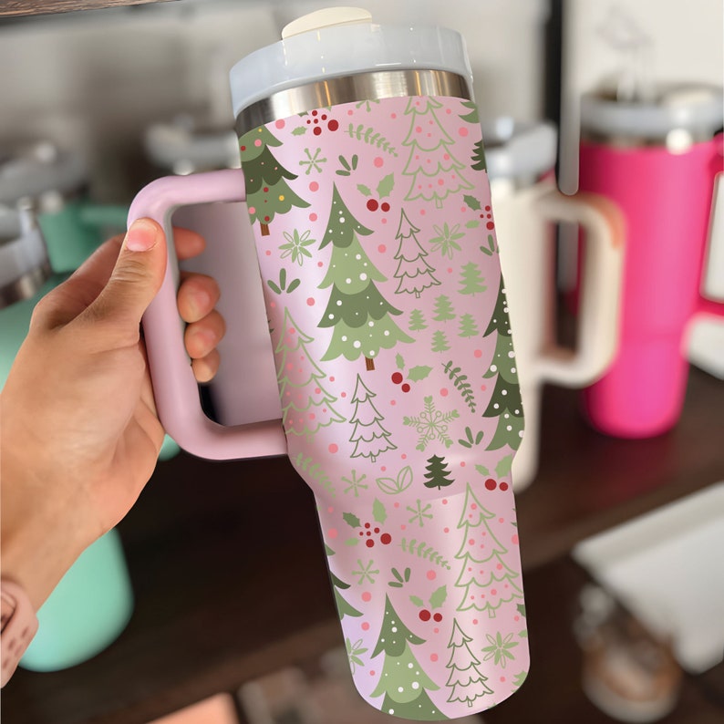 Christmas Tumbler 30oz/40oz, Christmas Tree Cup Retro Cup, Merry Christmas Tumbler with Lid and Straw, Christmas Tree Doodles Holiday Tumber