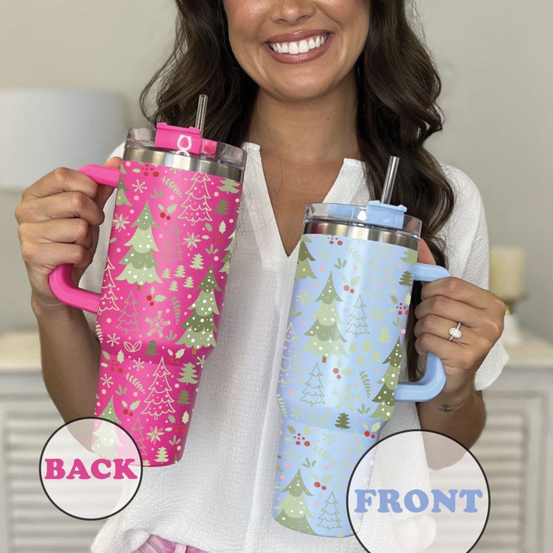 Christmas Tumbler 30oz/40oz, Christmas Tree Cup Retro Cup, Merry Christmas Tumbler with Lid and Straw, Christmas Tree Doodles Holiday Tumber