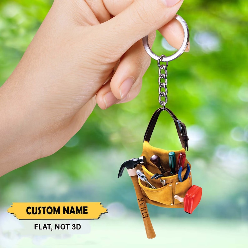 Construction Tools Bag 2D Keychain, Custom Name Construction Keychain, Gift For Construction Worker, Engineer And Contractor