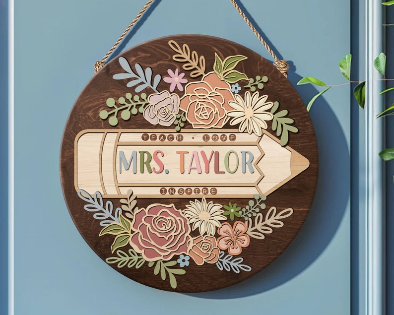 Personalized 3D Teacher Door Hanger, Teacher Door Sign, Custom Teacher Name Sign, Back to School Gift, Classroom Decor, Floral Wooden Sign