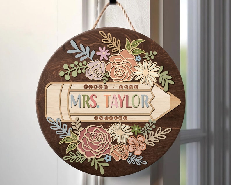 Personalized 3D Teacher Door Hanger, Teacher Door Sign, Custom Teacher Name Sign, Back to School Gift, Classroom Decor, Floral Wooden Sign
