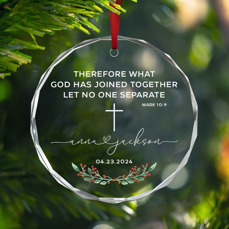 Personalized Christian Wedding Ornament, Wedding Gift, Custom Bible Verse Mark 10:9 Engagement Ornament, First Christmas Gift for New Couple