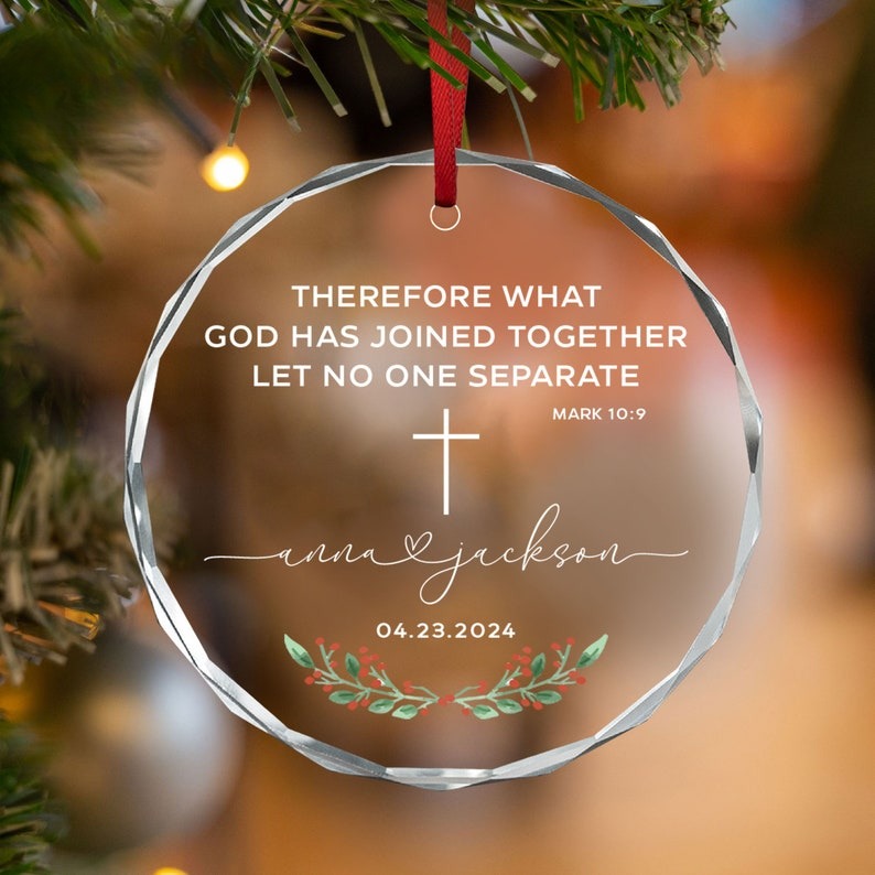Personalized Christian Wedding Ornament, Wedding Gift, Custom Bible Verse Mark 10:9 Engagement Ornament, First Christmas Gift for New Couple