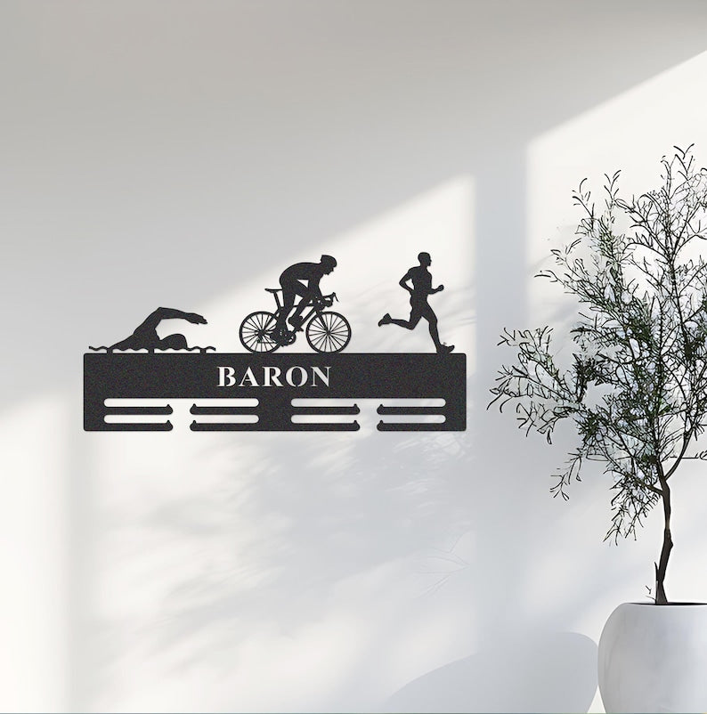 Custom Triathlon Medal Hanger Monogram, Triathlon Medal Hanger,Personalized Triathlon Medal Holder, Triathlon Medal Display,Name Awards Sign