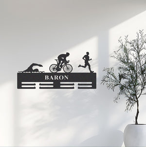 Custom Triathlon Medal Hanger Monogram, Triathlon Medal Hanger,Personalized Triathlon Medal Holder, Triathlon Medal Display,Name Awards Sign