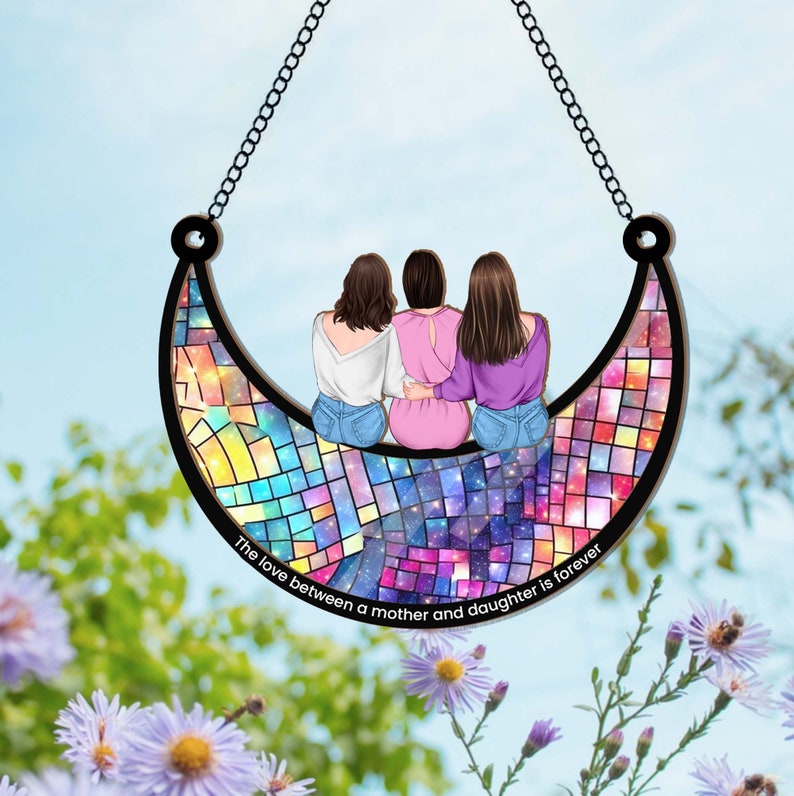 Personalized Mom And Daughter On The Moon Window Hanging Suncatcher, Mother Daughter Gift, Gift For Mom, Mom Birthday Gift, Gift For Grandma