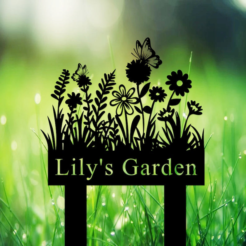 Custom Garden Sign with Stake, Flower Design Personalized Garden Sign, Gardener Name Sign, Yard Sign, Mom's Metal Garden Sign, Porch Decor