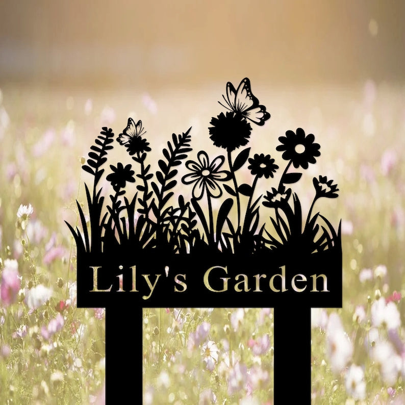 Custom Garden Sign with Stake, Flower Design Personalized Garden Sign, Gardener Name Sign, Yard Sign, Mom's Metal Garden Sign, Porch Decor