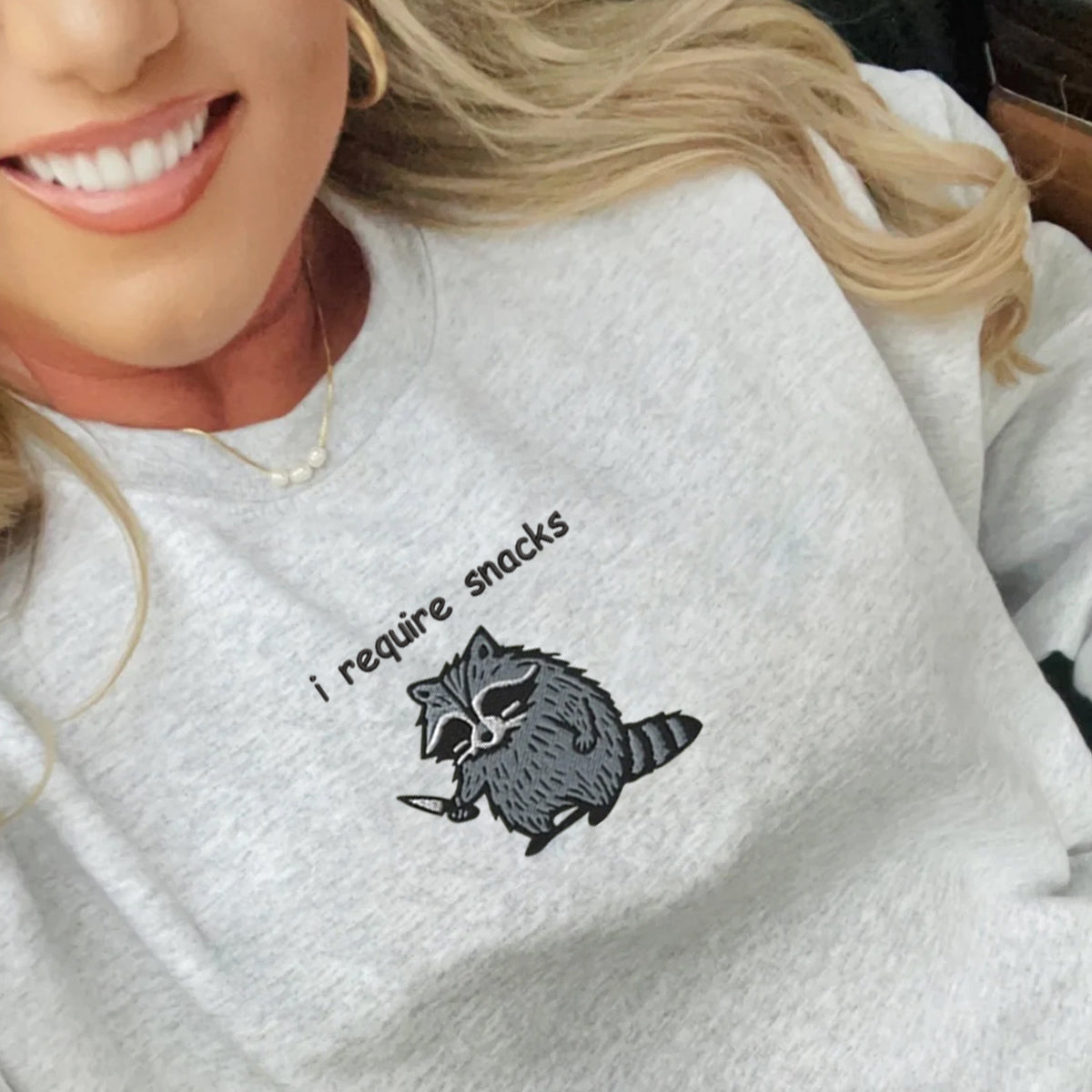 I Require Snacks Sweatshirt-Hoodie, Feral Embroidered Raccoon Sweater, Funny Unhinged Gift, Embroidered Animal Sweatshirt il_794xN.6127970992_nte7.jpg