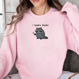 I Require Snacks Sweatshirt-Hoodie, Feral Embroidered Raccoon Sweater, Funny Unhinged Gift, Embroidered Animal Sweatshirt il_794xN.6127971000_q8bt.jpg