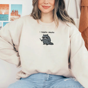 I Require Snacks Sweatshirt-Hoodie, Feral Embroidered Raccoon Sweater, Funny Unhinged Gift, Embroidered Animal Sweatshirt il_794xN.6127975184_cwhu.jpg