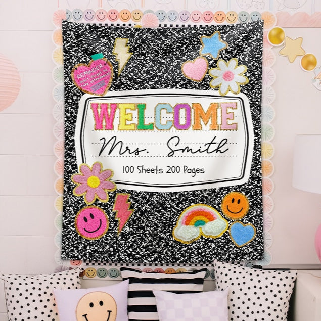 Personalized Teacher Classroom Tapestry, Teacher Gift, Classroom Decor, Custom Teacher Name Tapestry, Composition Book Classroom Banner
