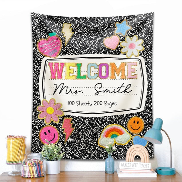 Personalized Teacher Classroom Tapestry, Teacher Gift, Classroom Decor, Custom Teacher Name Tapestry, Composition Book Classroom Banner