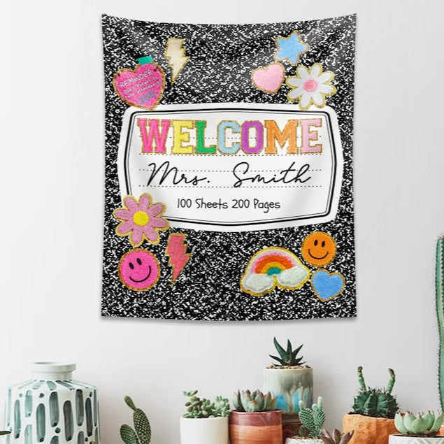 Personalized Teacher Classroom Tapestry, Teacher Gift, Classroom Decor, Custom Teacher Name Tapestry, Composition Book Classroom Banner