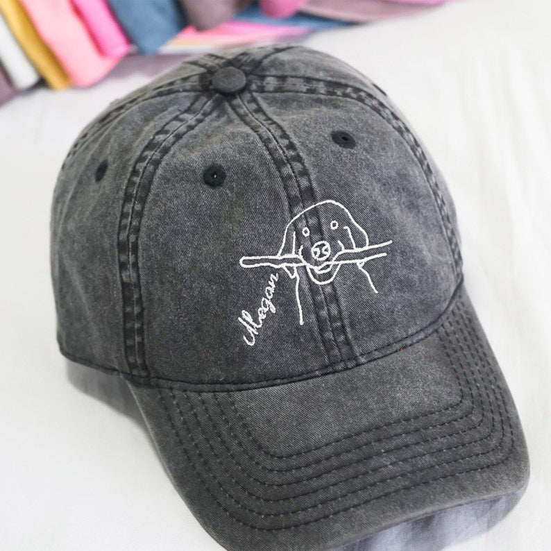 Custom Pet Outline Drawing Hat, Personalized Cat Dog Mom Dad Embroidered Baseball Cap, Pet Portrait Caps, Pet Lover Cap, Pet Memorial Gift