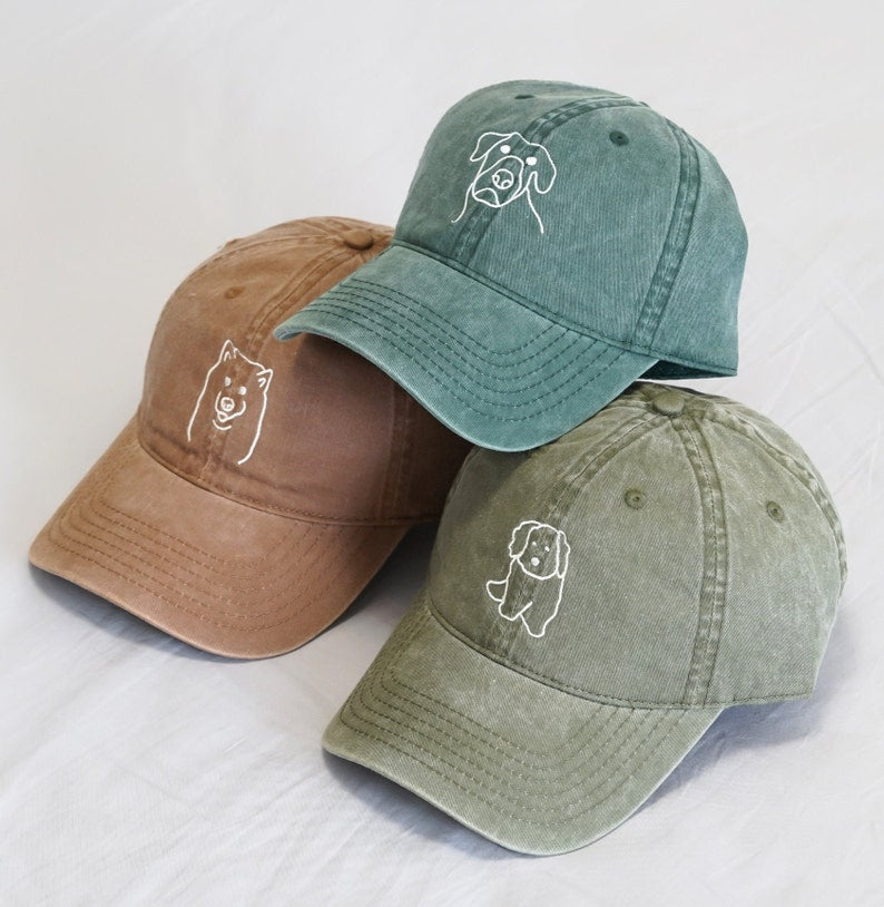 Custom Pet Outline Drawing Hat, Personalized Cat Dog Mom Dad Embroidered Baseball Cap, Pet Portrait Caps, Pet Lover Cap, Pet Memorial Gift