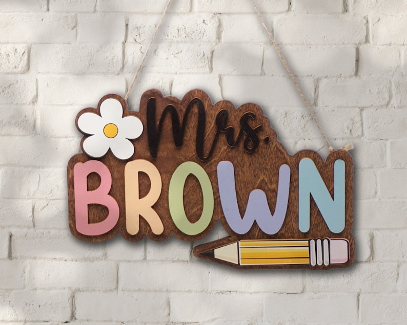 Custom 3D Teacher Door Sign, Personalised Name with Pencil Teacher Sign, Classroom Decor, Teacher Door Hanger, Teacher Back to School Sign