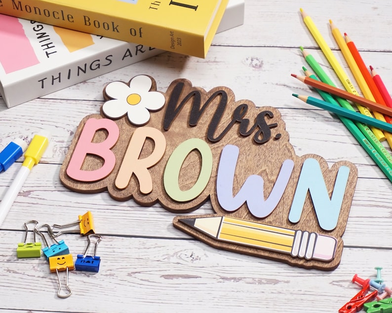 Custom 3D Teacher Door Sign, Personalised Name with Pencil Teacher Sign, Classroom Decor, Teacher Door Hanger, Teacher Back to School Sign