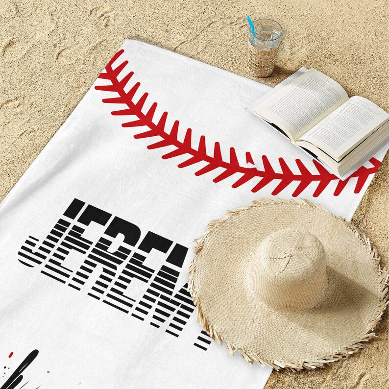 Baseball Player Beach Towel With Name,Summer Appreciation Gift For Sport Team,Game Day Season, Pool Party,Teen Birthday Gift,Boy Beach Towel
