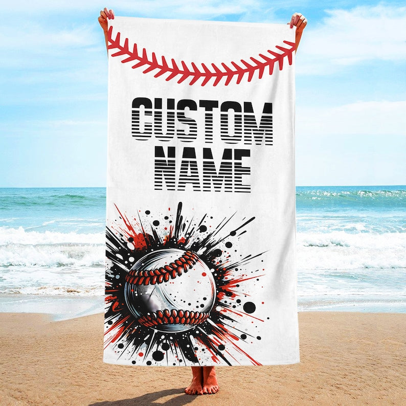 Baseball Player Beach Towel With Name,Summer Appreciation Gift For Sport Team,Game Day Season, Pool Party,Teen Birthday Gift,Boy Beach Towel