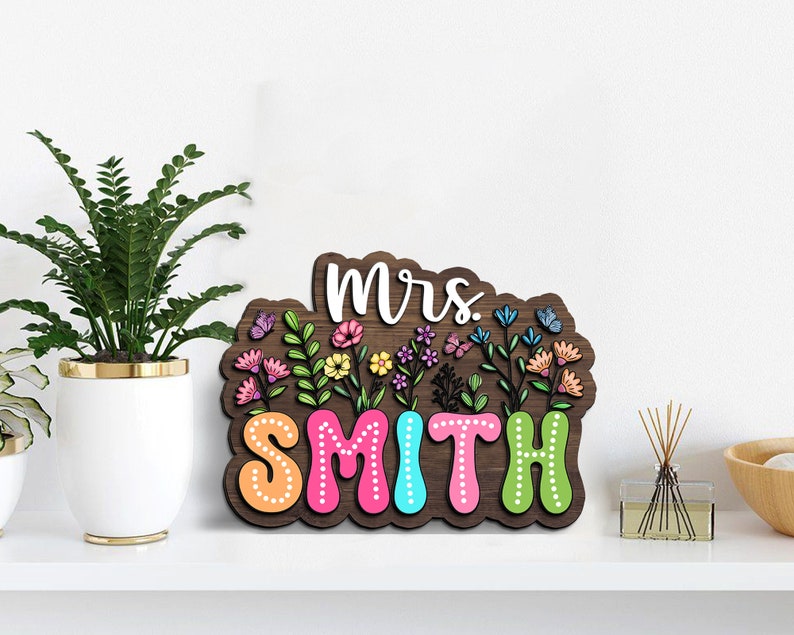 Personalized 3D Teacher Sign, Teacher Door Hanger, Custom Floral Sign For Teacher, Teacher Classroom Decor, Customized Teacher Name Sign